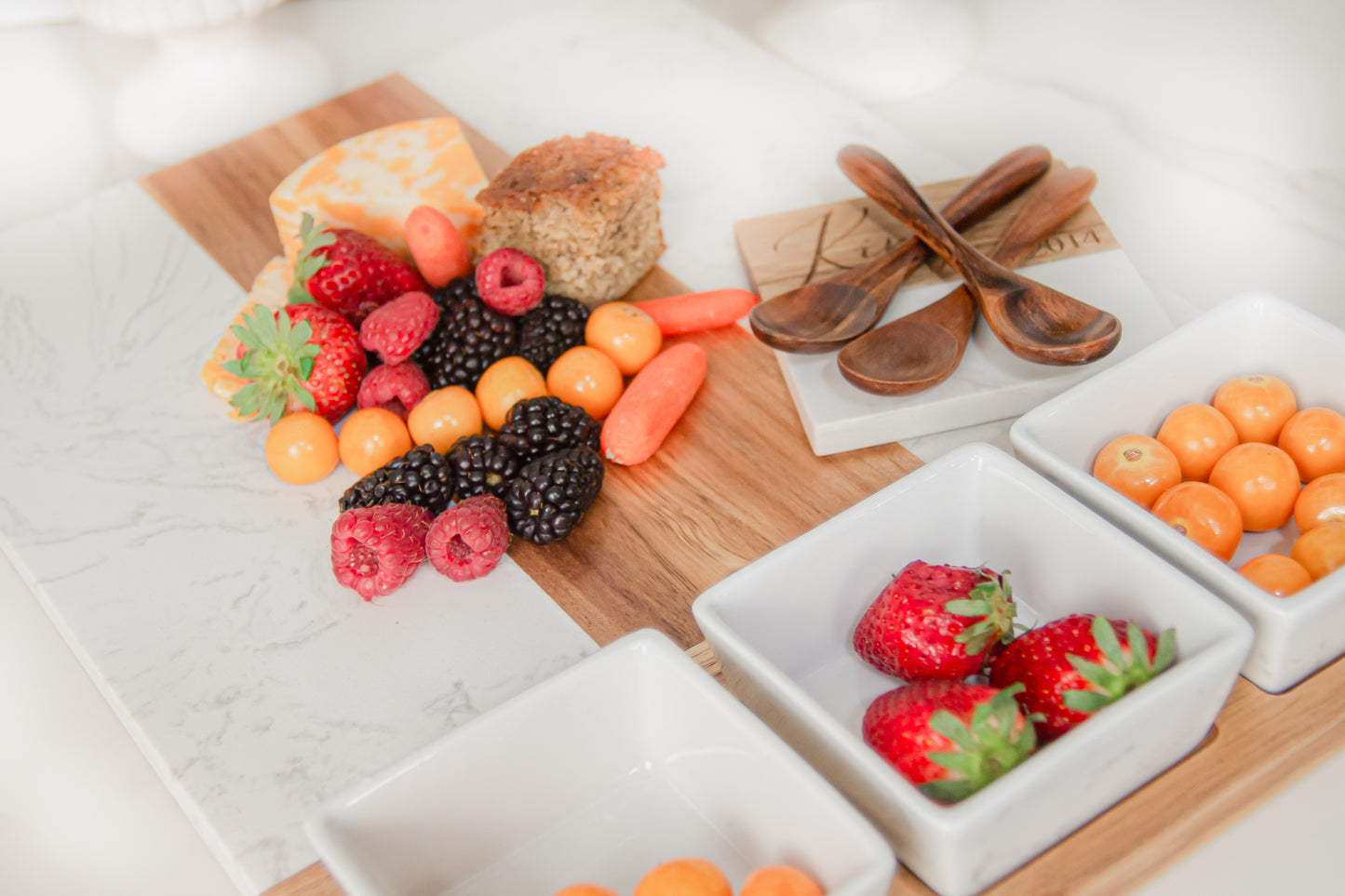 White Marble & Acacia Charcuterie board set
